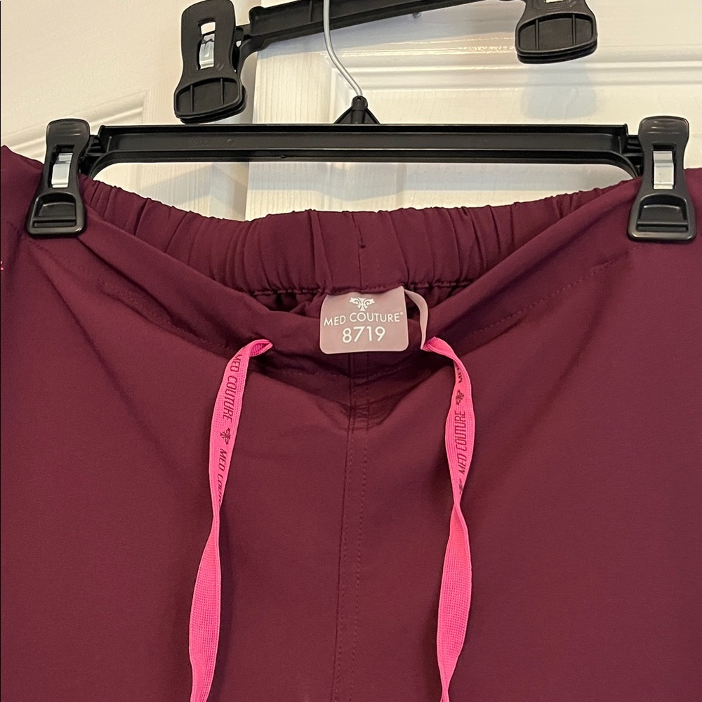 Med Couture Wine Scrub Pants with Pink Accents